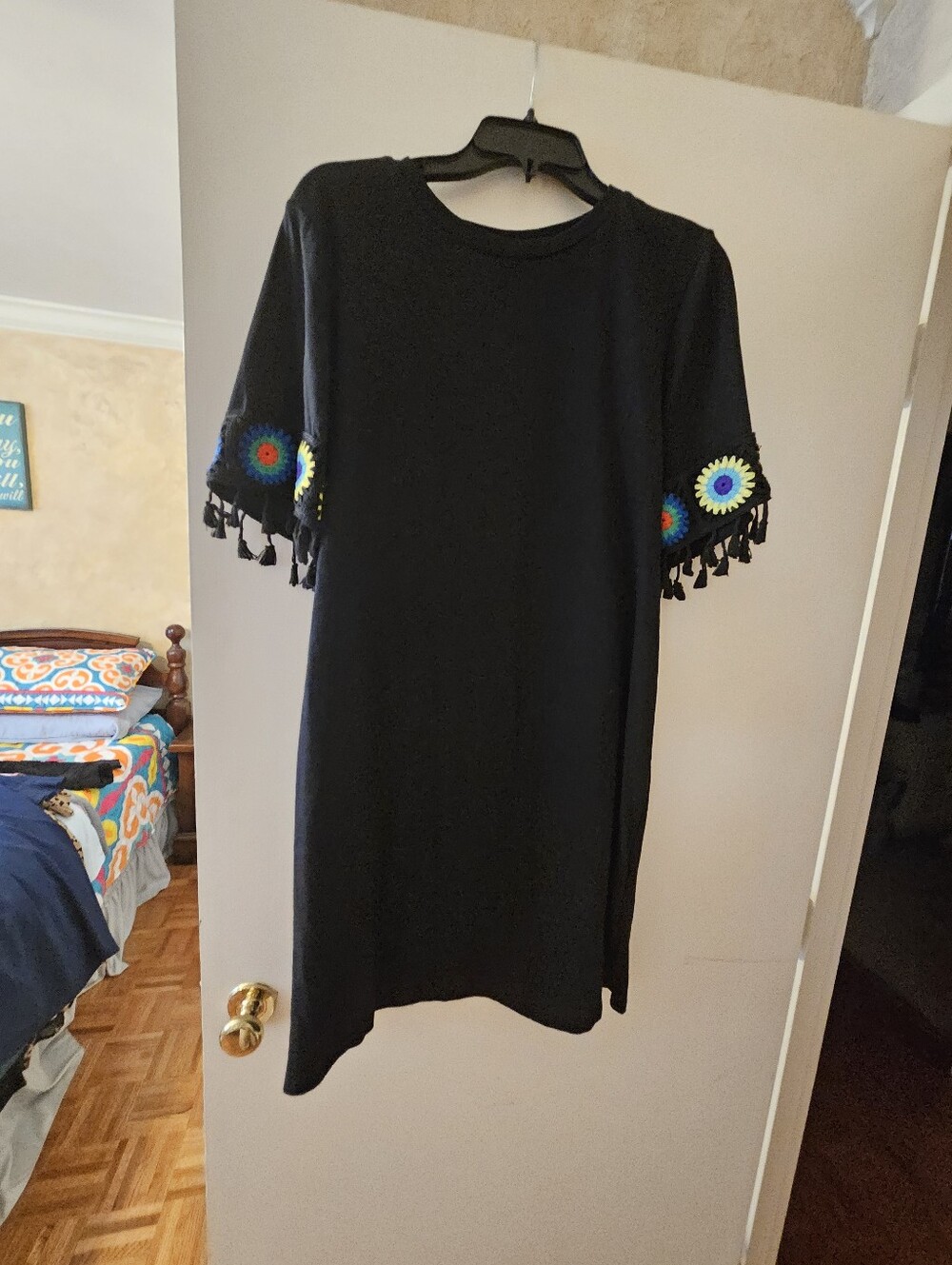 Black Mini Dress with Colorful Crochet Medallion Sleeves